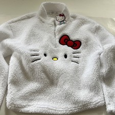 Hello Kitty Sherpa 1/4 Zip Pullover Embroidered Face Big White Size L NEW