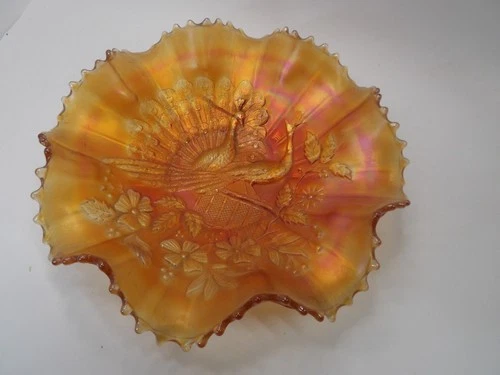 Antique Carnival Glass Northwood Peacocks On The Fence Marigold 9” Bowl