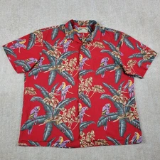 Vintage Paradise Found Hawaiian Shirt Mens XL Red Floral Birds Parrot Fern USA