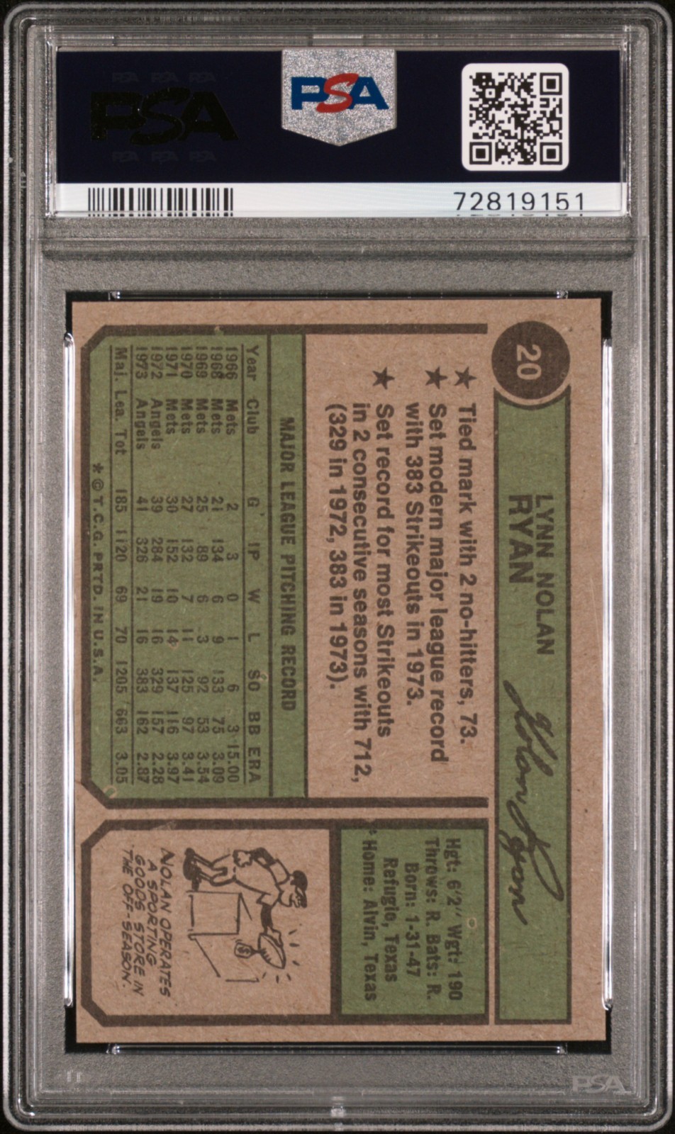 NOLAN RYAN 1974 Topps PSA 7 NM #20 graded Angels HOF pitcher baseball card view 2