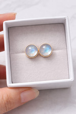 Gold Plated 925 Sterling Silver Cabochon Moonstone Round Stud Earrings Jewelry