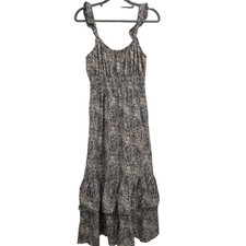 Paige Gisella Abstract Printed Pleated Tiered Midi Dress Small Boho Floral Bird