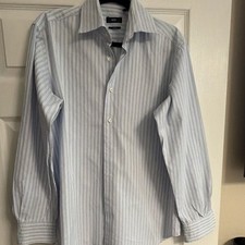 BOSS Striped Dress Shirt 16.5 36/37 Blue/White Cotton Two-Ply Spread