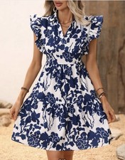 Shein White Blue Floral Short Sleeve Dress Womens Size XXL