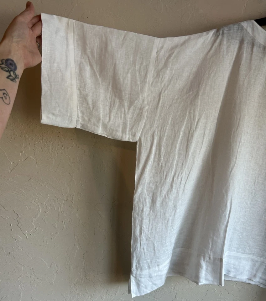 Túnica Eskandar 100% linho branca gola redonda manga 3/4 top 1 luxo Lagenlook P M - Imagem 3 de 4