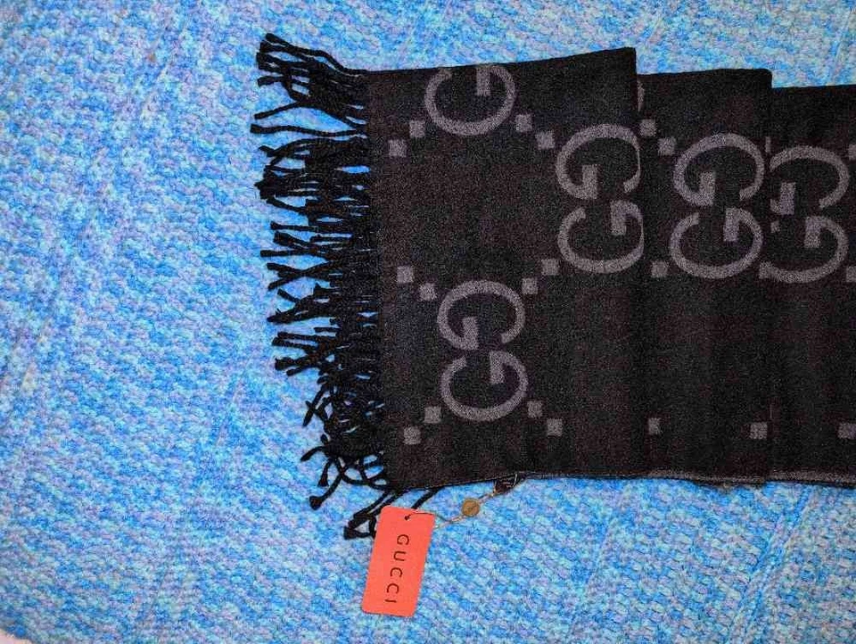 GUCCI Reversible GG Monogram Wool Silk Scarf Black Gray - Image 3 of 4