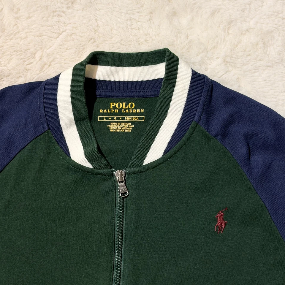 Polo Ralph Lauren 男式大号棉棒球校队拉链夹克绿色蓝色 — 第 2/4 张图片