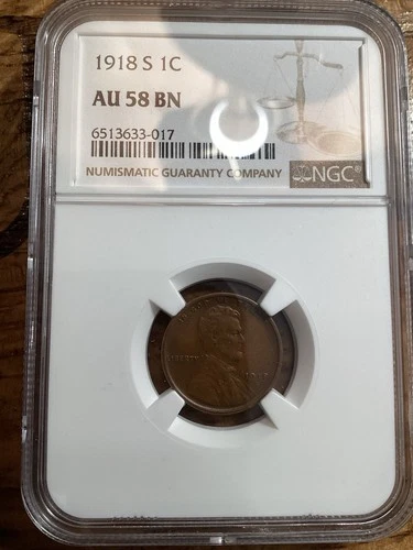 Beautiful High Grade 1918-S Lincoln Cent.  NGC GRADED AU 58 BN