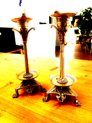 Paar Neugotische Kerzenleuchter Gothic Revival Brass 19th.