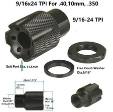 Steel 9/16x24 TPI Thread For .40, 10mm, .350 Muzzle Brake Compensator