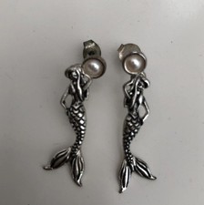 Sea Ocean Mermaid Design Pierced Stud Dangle Earrings Silver Tone Faux Pearl