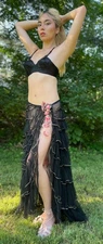 LUSH 1920’S SHEER RUFFLED TULLE LONG SKIRT W FLORAL TRIMMED SIDE SLIT