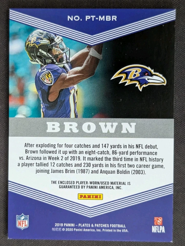 Marquise Brown 3 COLOR PATCH TRIO TRIPLE PATCH #ed 77/99! 2019 Plates & Patches! - Image 2 of 2