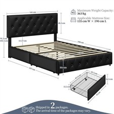 Double Bed Frame with Adjustable Headboard and 2 Drawers, Faux Leather Bed Frame