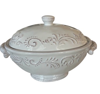 Pier 1 Antique Scroll White Stoneware Covered Vegetable Dish Soup Tureen Embosse