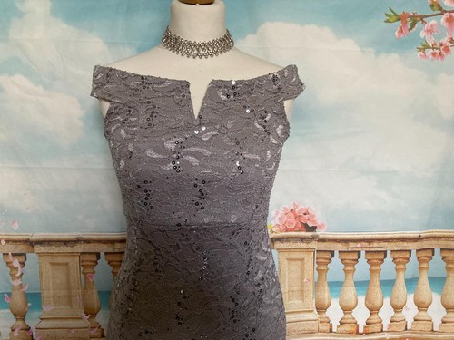 Evening Dress 8 Grey Sequin Fishtail Bardot Stretch Lace Quiz Ballgown Long - Picture 3 of 7