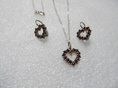 Vintage Bohemian Garnet Heart Necklace & Earrings 900 Silver - Picture 5 of 10