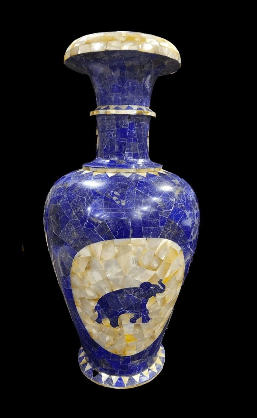 18" Marble Vase Semi Precious Stone Lapis Unique Work Flower For Home Decor