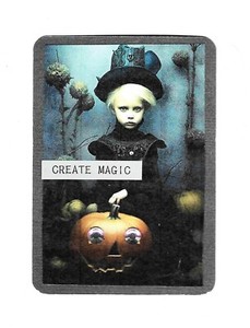 ACEO Art Trading Card ATC Original Halloween Collage Art Child Pumpkin Gem Eyes