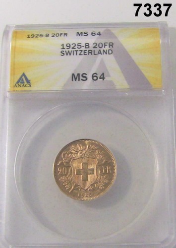 1925 B SWITZERLAND 20 FRANC GOLD ANACS CERTIFIED MS64 FLASHY! #7337 - Picture 1 of 3