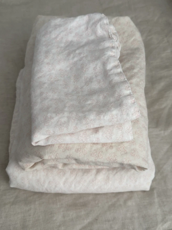 Restoration Hardware Baby & Child 100% Linen White Pink Paisley 3 Piece Set Crib - Image 2 of 4