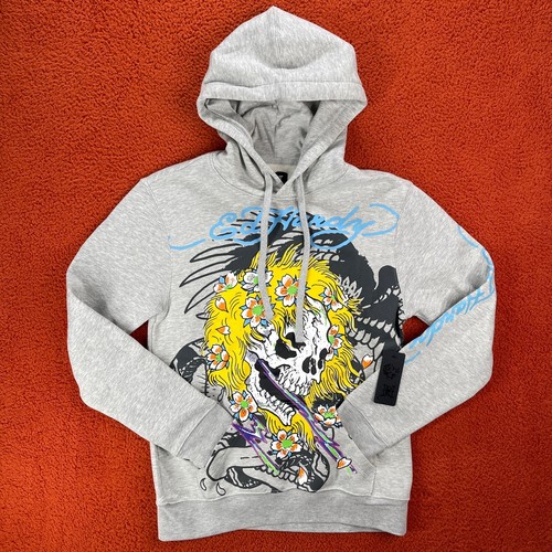 ED HARDY Mens SMALL Gray Retro Skull Eagle Fleece Streetwear Hoodie Y2K NEW - Picture 1 of 10