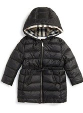 NWT 100 AUTH Burberry Big Girls Janie Black Hooded Bow Belt Puffer Jacket Sz 14