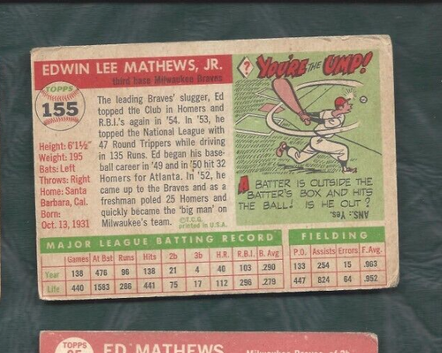 Tarjeta de béisbol 1955 Topps #155 Eddie Mathews Milwaukee Braves en muy buena condición - Imagen 2 de 2