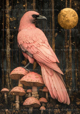 PINK CROW ART PRINT, Bird Animal Decor, Raven Poster, Cottagecore