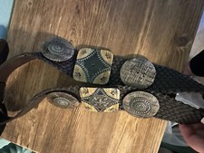 CHICO'S Sz Medium Statement Belt Wide Braided Leather Large Medallions Brown EUC