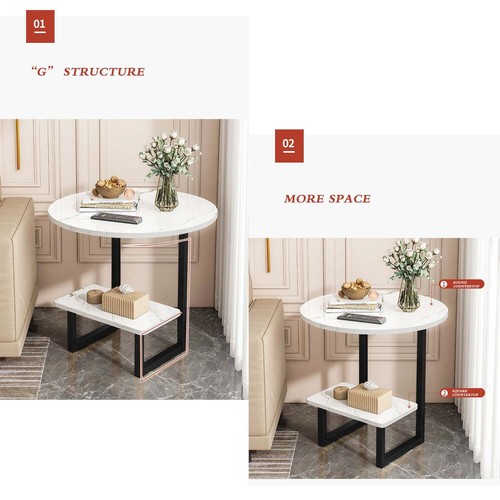 Foret 2 Tier G-Shaped Side Table With Marble Pattern Wood Top Steel Frame 60cm - Picture 3 of 8