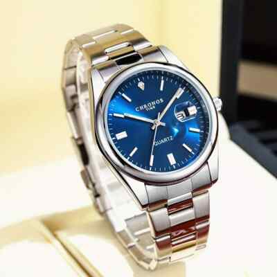 Chronos Herren-Armbanduhr Edelstahl blaues Zifferblatt Quarz Datum leuchtend