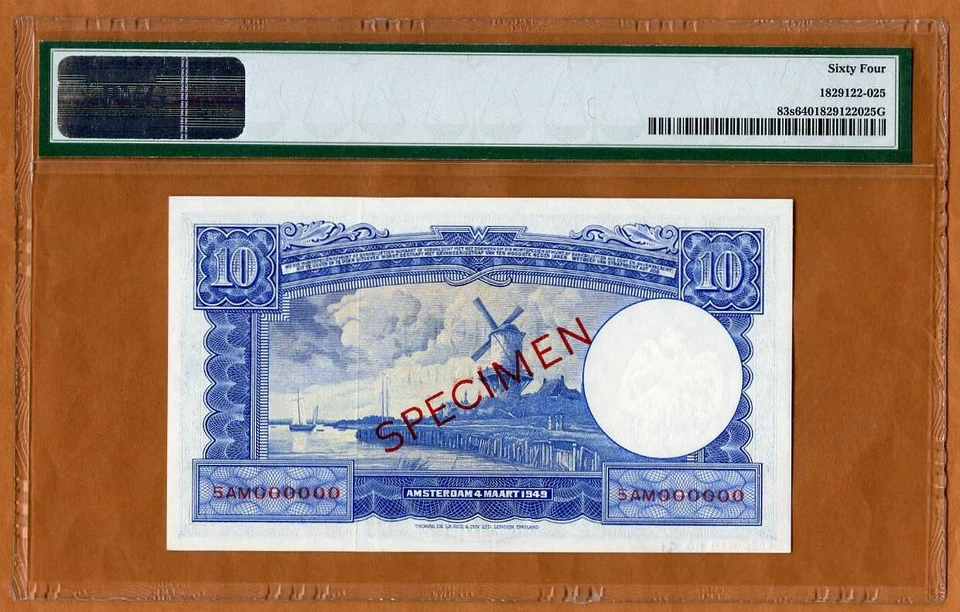 Muestra, Países Bajos, 10 florines, 1949, P-83s, PMG-64, TDLR, elección UNC Foto 2 de 2