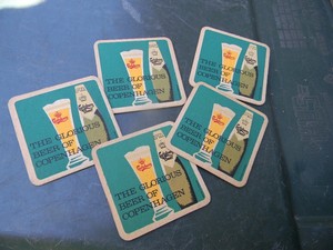 Lot of 5 vintage colorful  Carlsberg beer Coasters Copenhagen Denmark bottle
