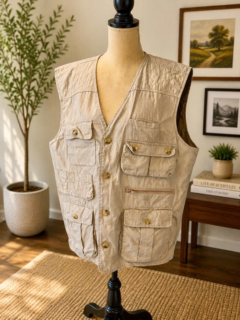 Orvis Fly Fishing Vest Mens XL Khaki Tan Utility Full Zip Pockets 100% Cottn Vtg