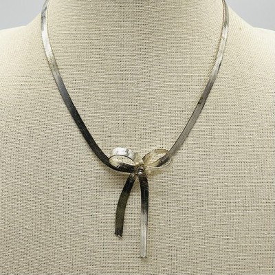 Snake Chain Bow Tie Choker Necklace Silver Tone 16''