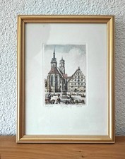 Bild mit Holz-Glas-Rahmen, Radierung Stuttgart, Schillerplatz
