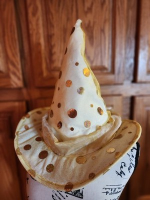 Bespoke Spring Witch Hat OOAK Handmade Sheer Yellow  Shiny Gold Dots Wire Brim
