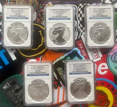 2011 25th Anniversary 5 Coin Silver Eagle Set NGC MS69/PF69 Early Releases
