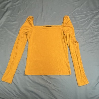 Banana Republic Women s Yellow Ribbed Square Neck Long Sleeve Solid Top S