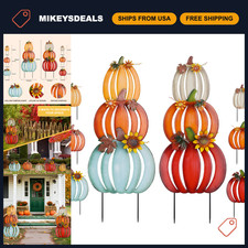 Fall Outdoor Decorations - 2 PCS 34" Pumpkin Garden Stakes, Metal Yard Signs for