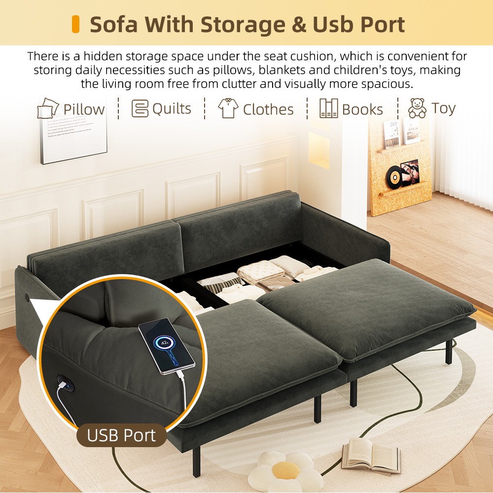 4-Seat Convertible Sleeper Sofa Bed w/ Storage & USB, Dark Grey