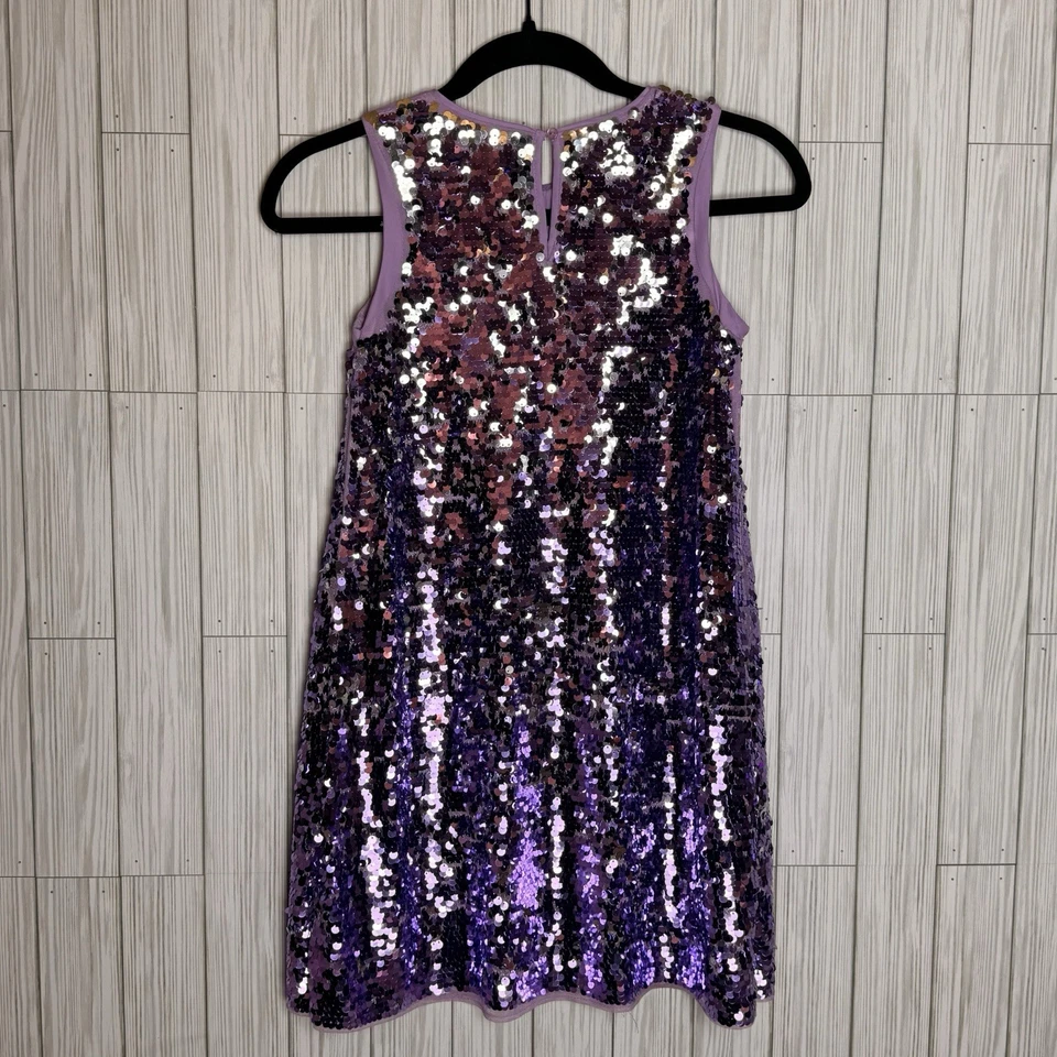 Vestido de fiesta H&M para niñas talla 9-10 púrpura lentejuelas cambio sin mangas cuello redondo Foto 3 de 4