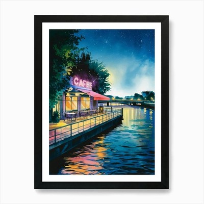 Cafe By The River, Anime Art Lofi A Framed Wall Art Poster Canvas Print Picture