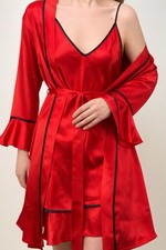 Jasmin - Women red satin sleepwear set robe and slip UK 8–10 (S)