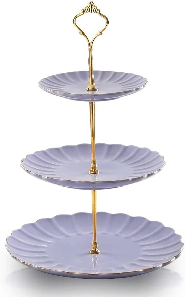 Elegante soporte para pasteles de cerámica de 3 niveles en púrpura - Perfecto para bodas y fiestas de té Foto 3 de 4