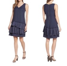 NWT Eliza J Size 8 Tiered Ruffle Hem Dress Navy Blue V-Neck