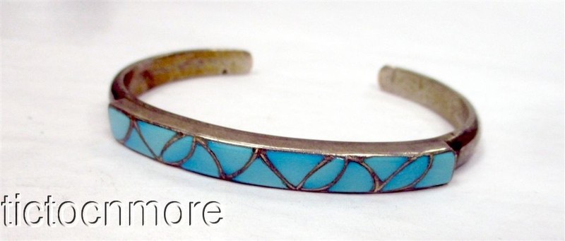 VINTAGE SIGNED SKJ KALLESTEWA NAVAJO INDIAN TURQUOISE GEOMETRIC INLAY CUFF