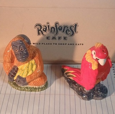 Rainforest Cafe Gorilla & Parrot Ceramic Salt & Pepper Shakers Set w/ Box