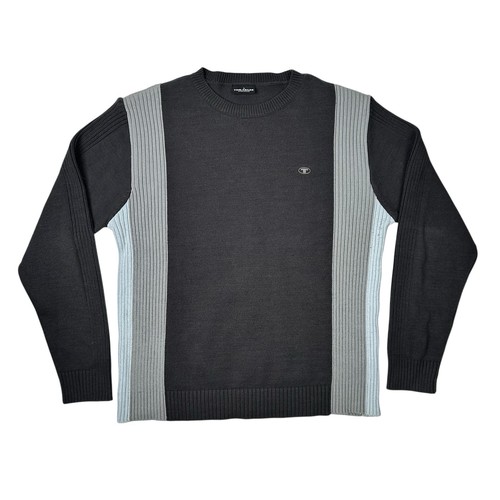 TOM TAILOR Mens Crew Neck Jumper Sweater Medium Ribbed Grey Y2K VTG Colorblock